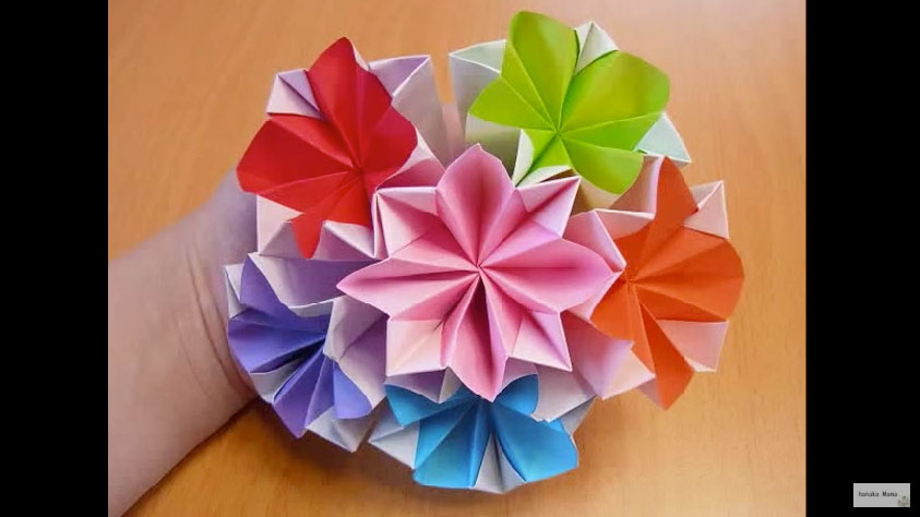 おりがみ 沢山折ると可愛いお花の折り紙 The Decorative Paper Ball Of Flower Arrangement Is Made From Origami Kidstube キッズチューブ 子どもの学びと遊びに役立つ知育動画配信サービス